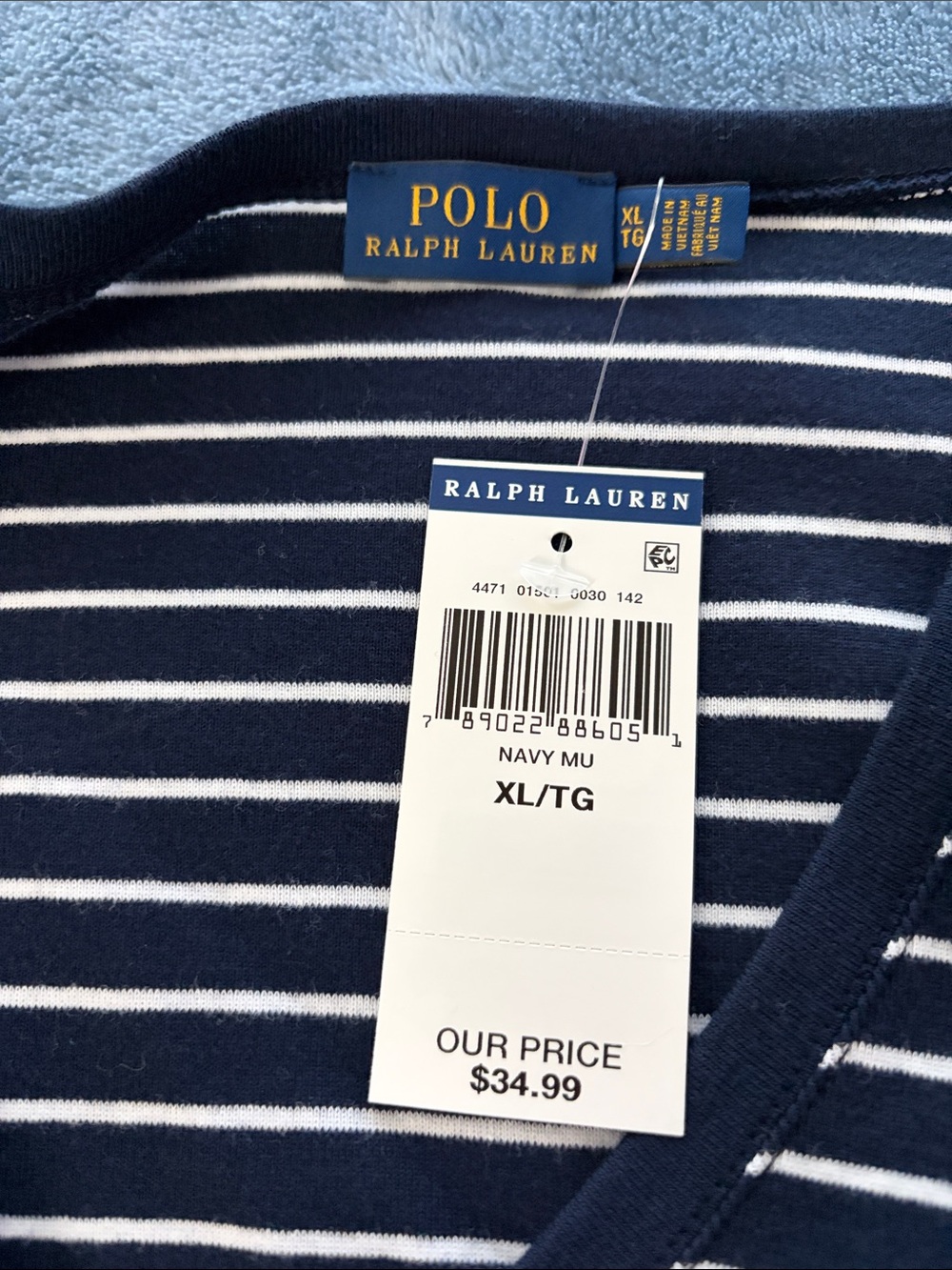 Ralph Lauren Navy and White Striped V-Neck Shirt - Picture 2 of 6